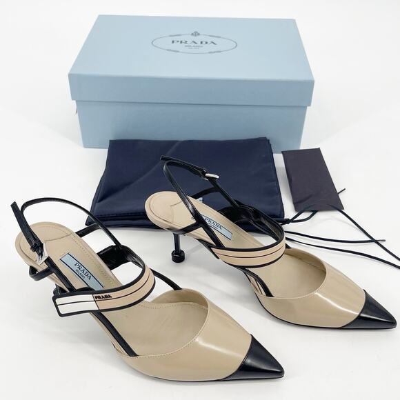 Prada Beige Black Leather Slingback Pointed Toe Mary Jane Cap Toe Heels IT 37 - Picture 1 of 15